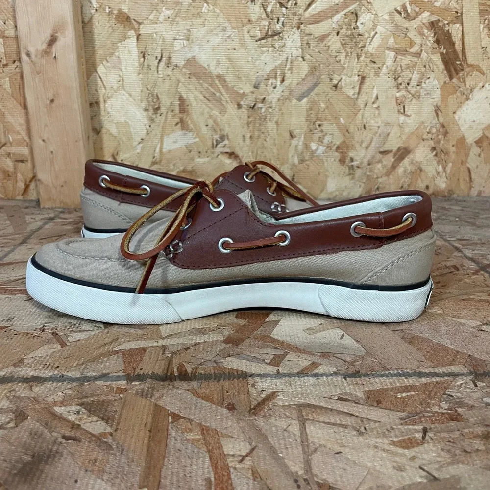 Polo Ralph Lauren Boat Shoes Mens Size 8 Tan Brown Canvas Leather Laced Sneakers